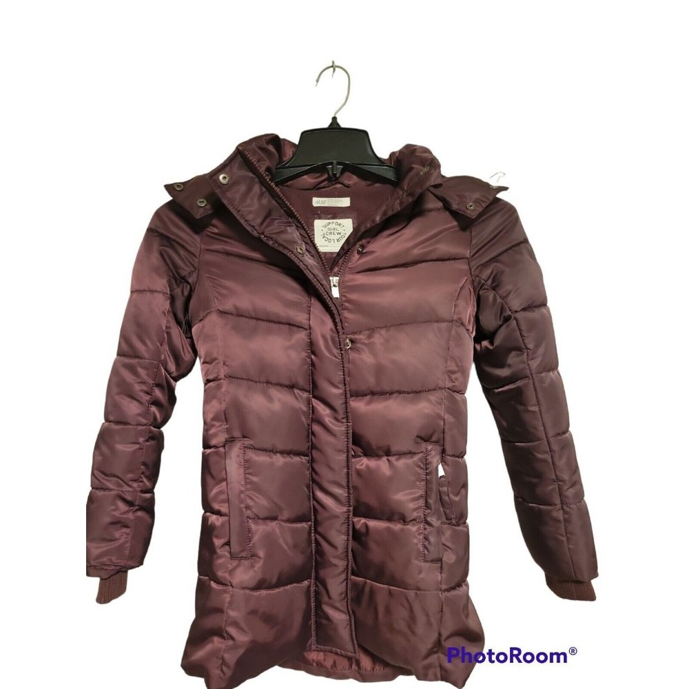 H&M Girls Coat wine color With Fur Hood sz 9-10 youth